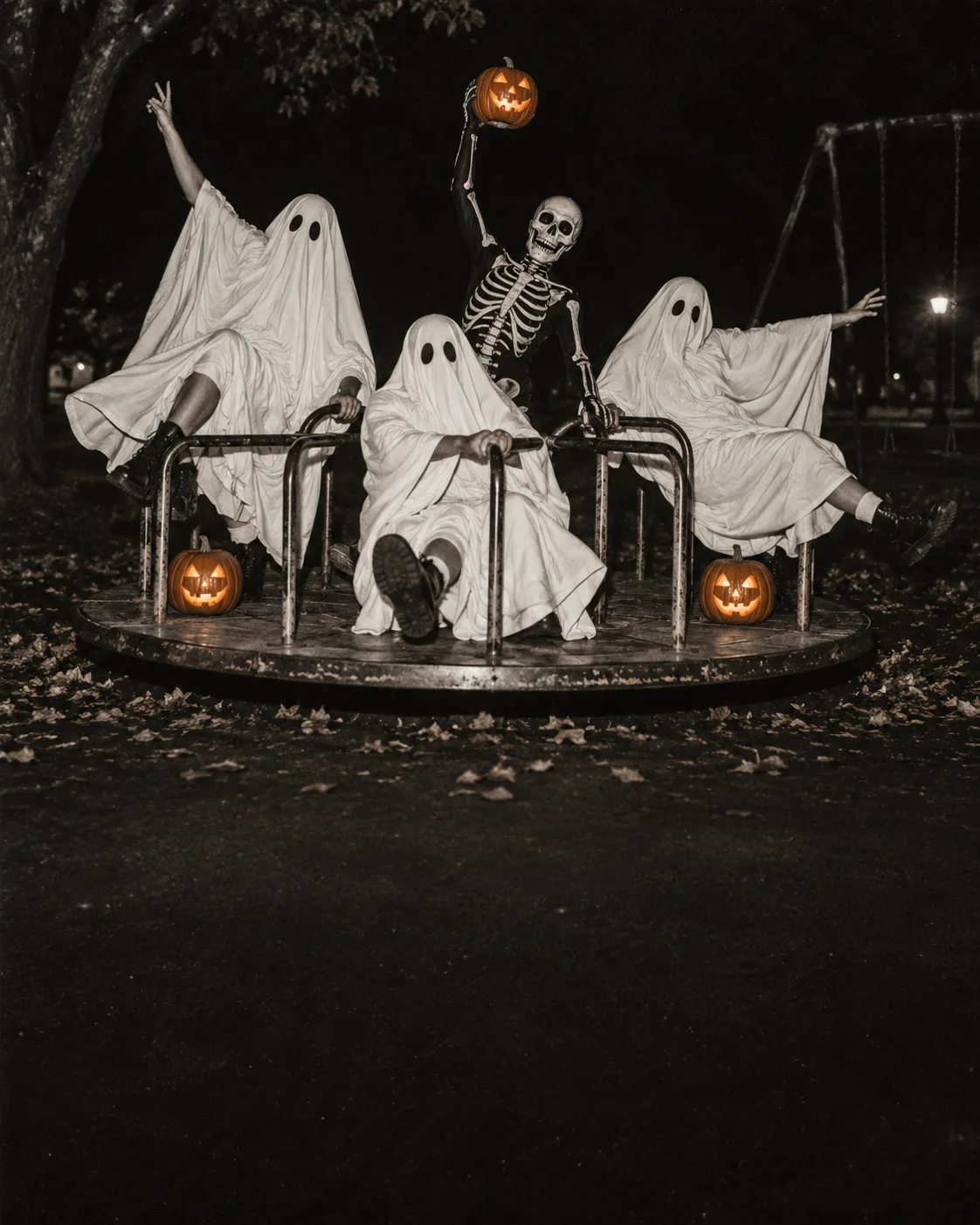 Playful ghosts and a skeleton on a playground merry-go-round